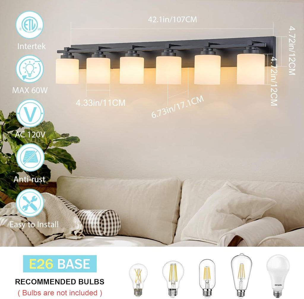 6 Light Modern Bathroom Light Fixtures Over Mirror, Black Vanity Lights for Bathroom Wall Sconces with Milky White Glass Shades, E26 Socket (Bulbs Not Included)