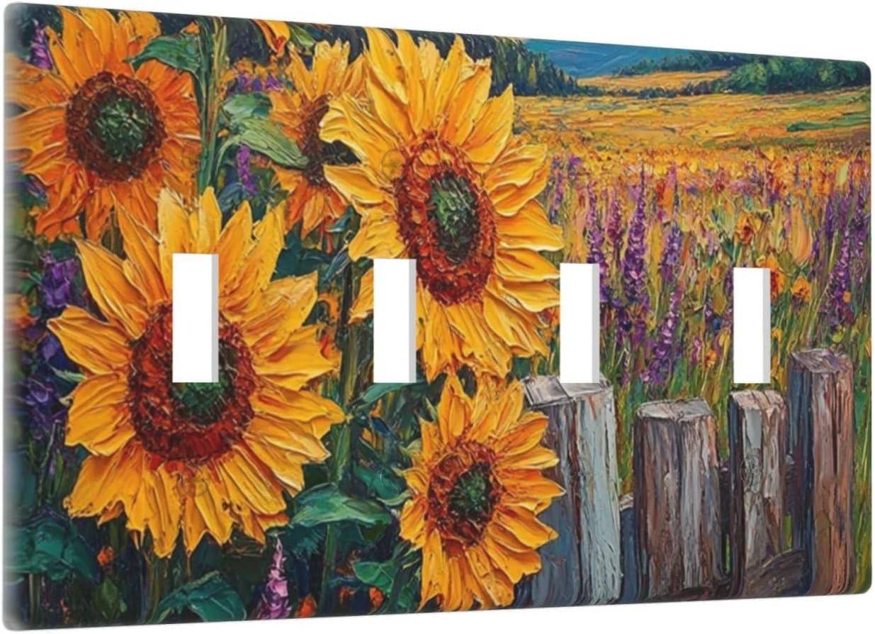 Decorative Light Switch Cover Plate Rustic Wilderness Sunflower Lavender Muzha Oil Painting 4 Gang Wall Plate Oversized Quad Toggle Switch Cover Plate Jumbo Faceplate