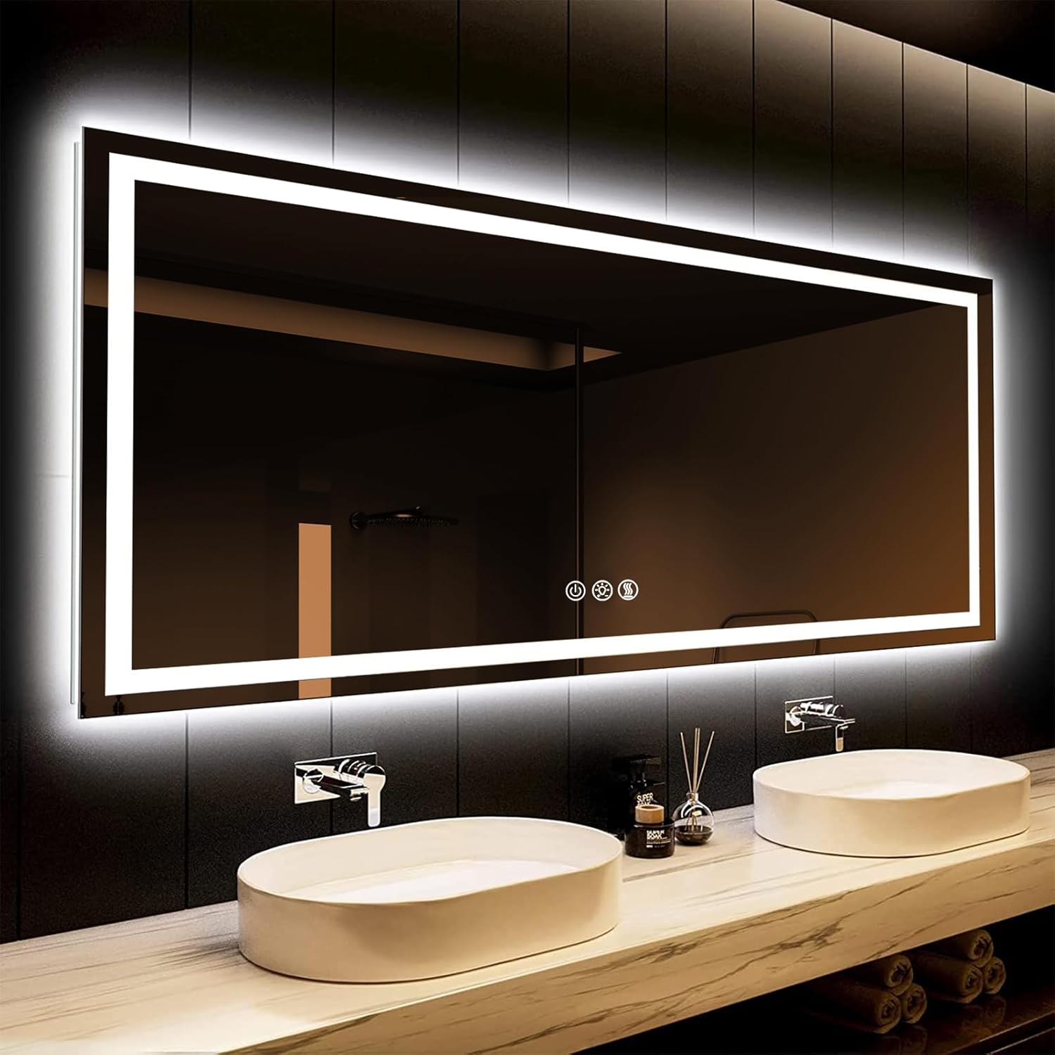 ROOMTEC 55 x 36 Inches LED Bathroom Mirror with Front and Backlit,Anti-Fog,3 Colors and Dimmable Light(Horizontal/Vertical), Silver