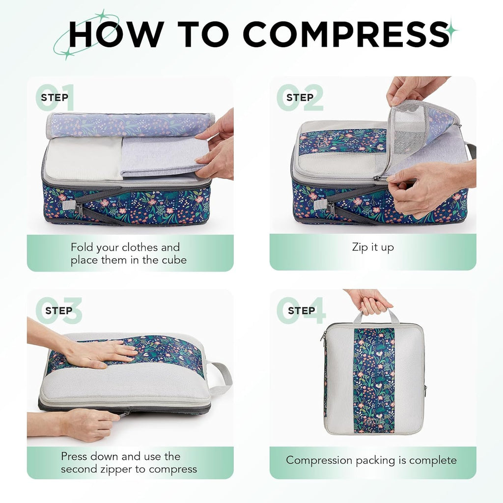 10 Set Compression Packing Cubes for Travel Essentials,Compressible Expandable Packing Cubes for Suitcase,OlarHike Luggage Organizer Bags,Handy Helper for Organizing Clothes(Dark Blue Floral)
