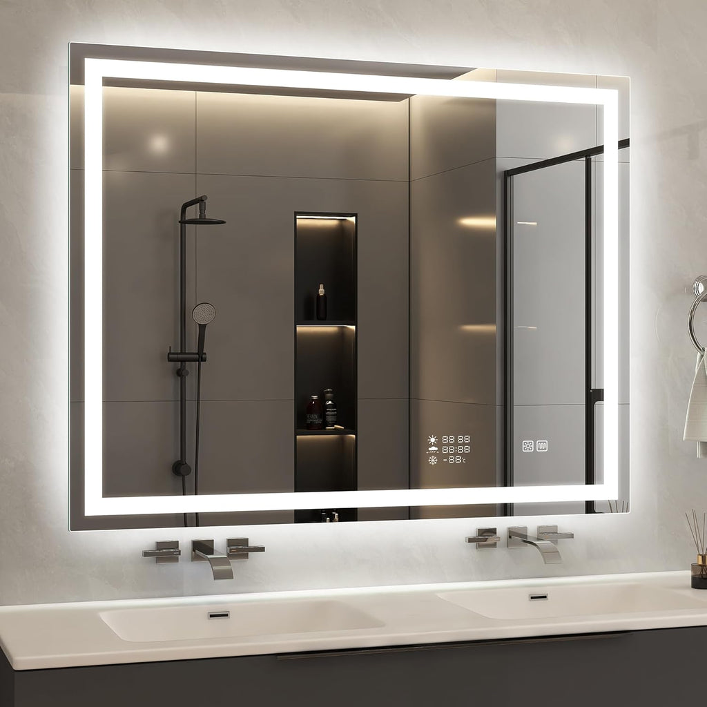 STARLEAD 28"x36" LED-Bathroom-Mirror-with-Lights, Wall-Mounted with Clock, Anti-Fog, 3 Color Temperature, Dimmable Brightness, Waterproof, Tempered Glass, Frontlit & Backlit
