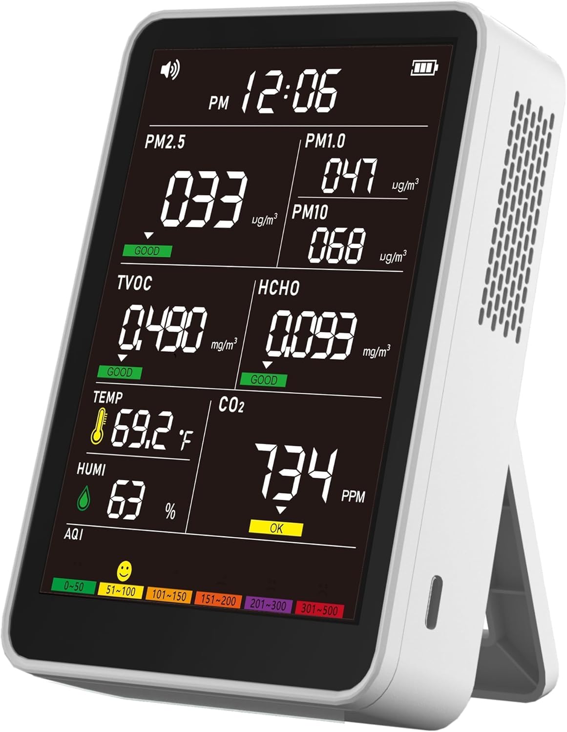 Professional Indoor Air Quality Monitor with AQI Alarms, Portable Real-Time Detector for Home Cars Plants and Pets (Cold White)