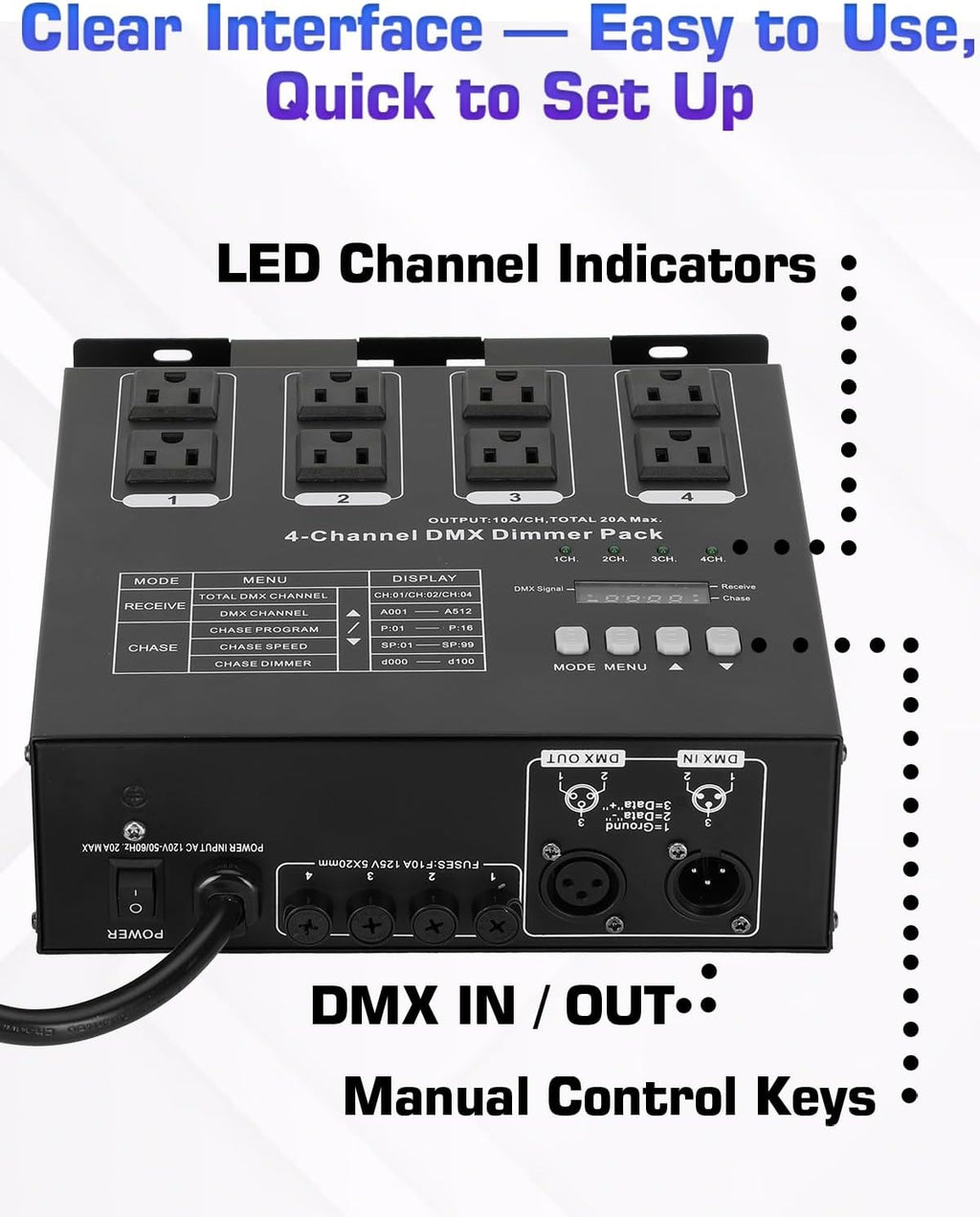 Dmx Dimmer Pack,4 Channel Dmx512 Dimmer Pack， Lighting Controller, Dimmer Pack Suitable for Stage Lighting Control