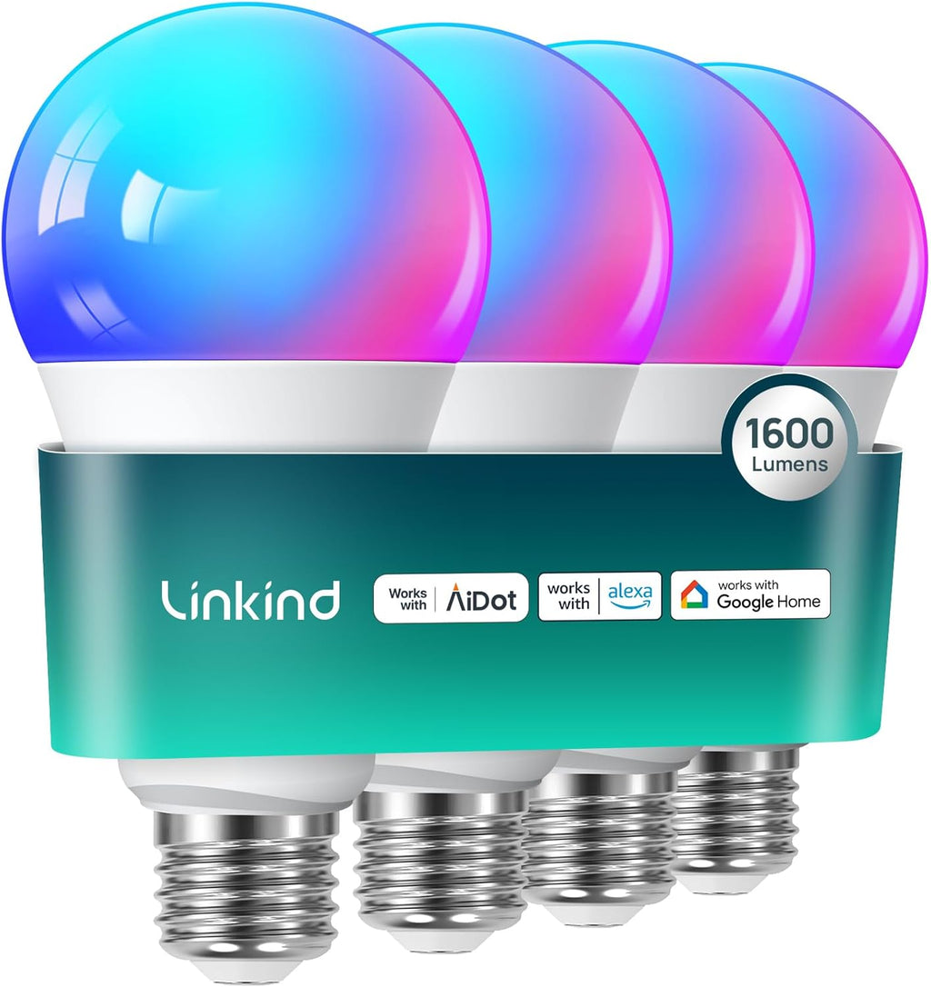Linkind Smart Light Bulbs, 1600LM (100W Equivalent) Smart Bulb, Work with Alexa & Google Home, RGBTW Color Changing Bulb Music Sync, 2.4GHz Wi-Fi & Bluetooth, LED Alexa Light Bulbs 14W, A21 E26, 4Pack