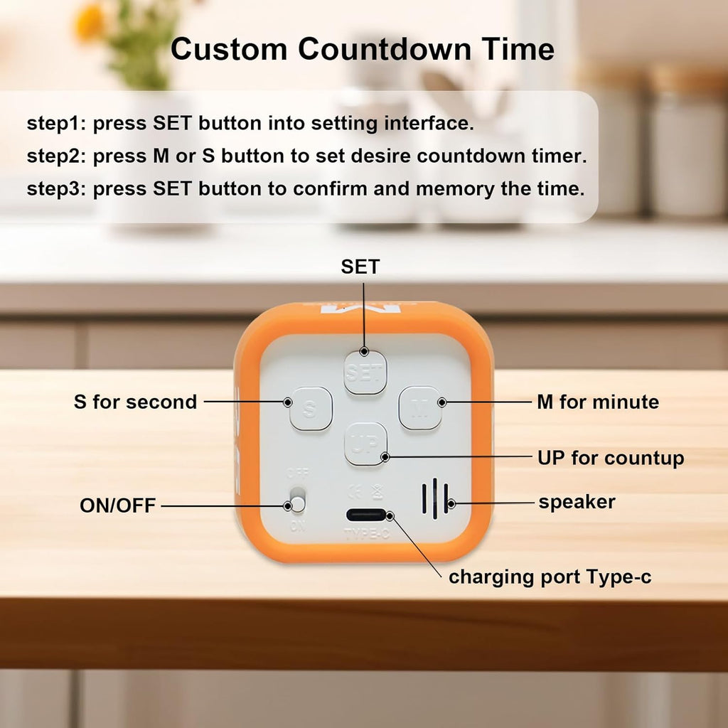 Rotating Cube Visual Pomodoro Timer 5, 25, 10 50 Minutes Preset + Custom Countdown, Rechargeable Desk Productivity Flip Timer with Detachable Silicone Cover for ADHD Study Work Kitchen School (Black)