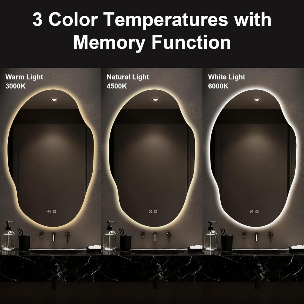 Asymmetrical Bathroom Mirror with Lights,Irregular LED Bathroom Vanity Mirror with Backlit,Anti-Fog,3 Colors and Dimmable Light with Memory,Hardwired Supported[Horizontal/Vertical] 48" H x 30" W