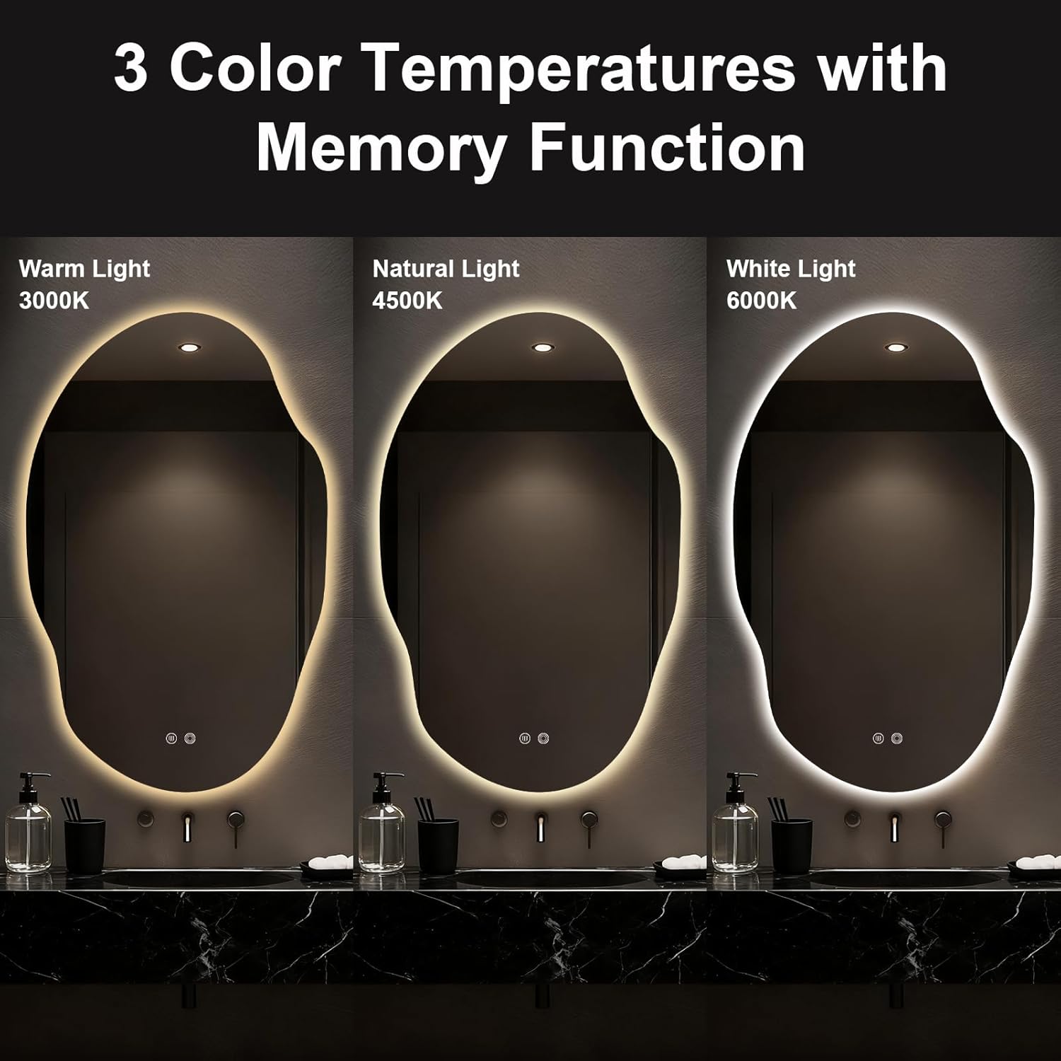 Asymmetrical Bathroom Mirror with Lights,Irregular LED Bathroom Vanity Mirror with Backlit,Anti-Fog,3 Colors and Dimmable Light with Memory,Hardwired Supported[Horizontal/Vertical] 48" H x 30" W