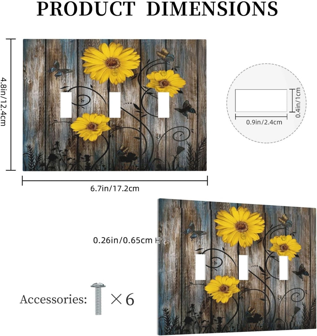Rustic Barn Sunflower Wooden Daisy Flower Plank Decorative Switch Plates 3 Gang Wall Plate Triple Toggle Light Switch Cover Faceplate Electrical Wall Panels for Farmhouse Home Decor