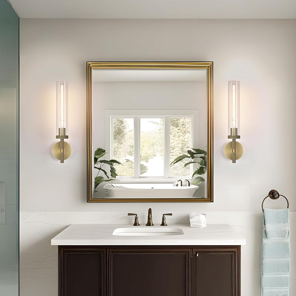 Modern Brass Hardwired Wall Sconces, 21'' Knurled Bathroom Wall Sconce, Indoor Wall Sconce,Copper and Tube Glass Vanity Light, for Living, Bedroom, Hallway, Staircases, Include Bulbs