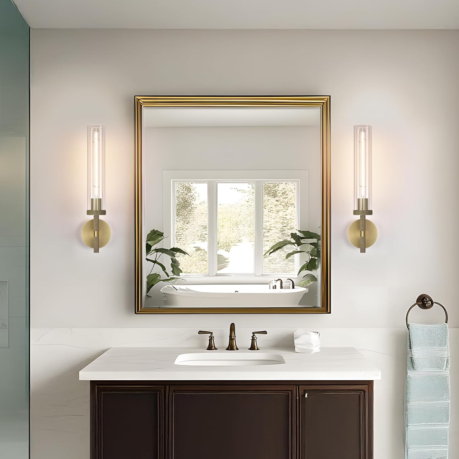 Modern Brass Hardwired Wall Sconces, 21'' Knurled Bathroom Wall Sconce, Indoor Wall Sconce,Copper and Tube Glass Vanity Light, for Living, Bedroom, Hallway, Staircases, Include Bulbs
