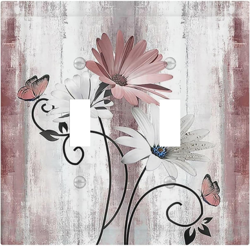 Decorative Switch Plates Pink White Daisy Butterfly Wood Grain 2 Gang Double Toggle Outlet Light Switch Cover Wall Plate Electrical Faceplate for Farmhouse Bathroom Decor