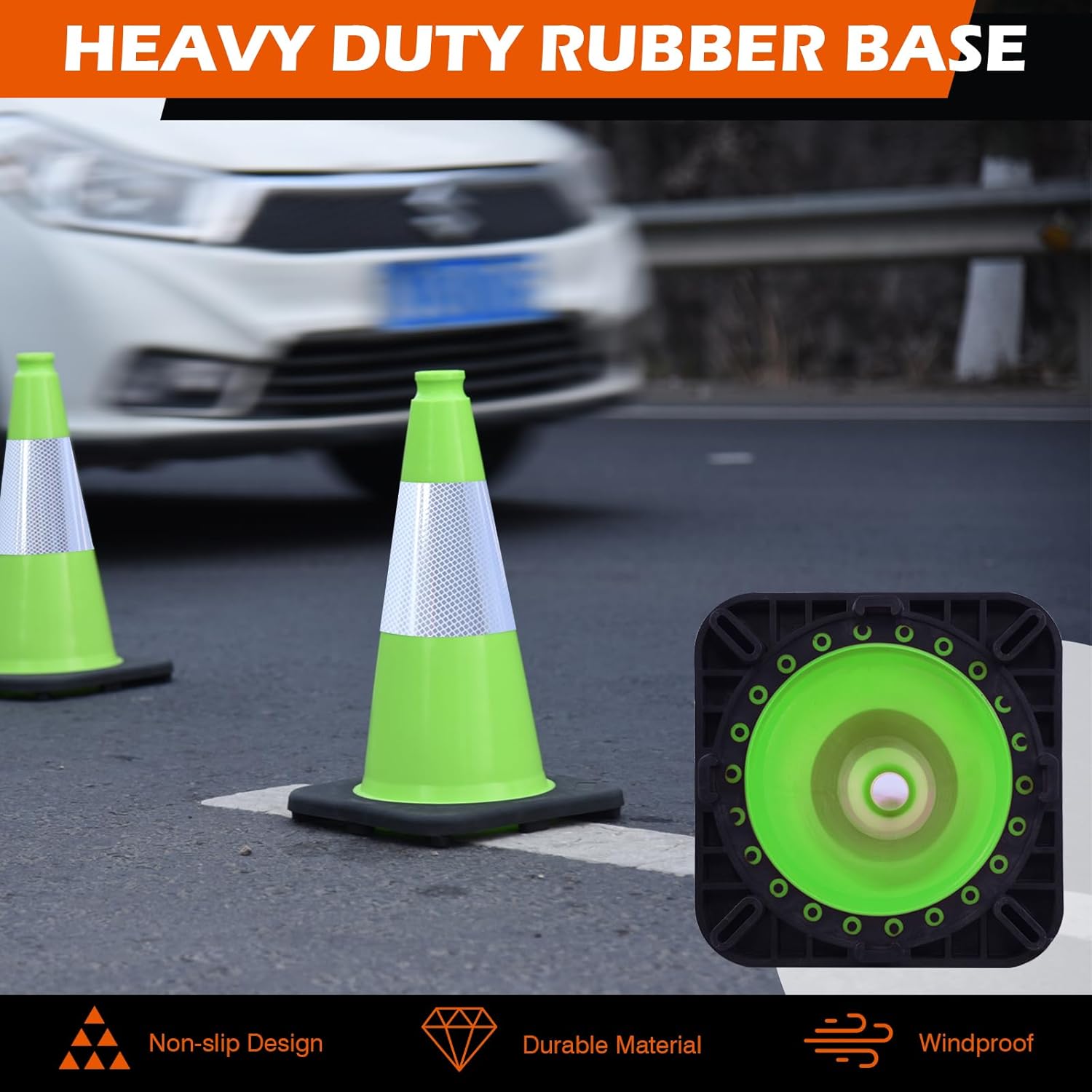 6 Pack 18 Inch Green Reflective Traffic Cones, Durable Black Base Safety Cones for Parking Lots, Sports Fields and Yard Markers (6, Green, 18 Inch)