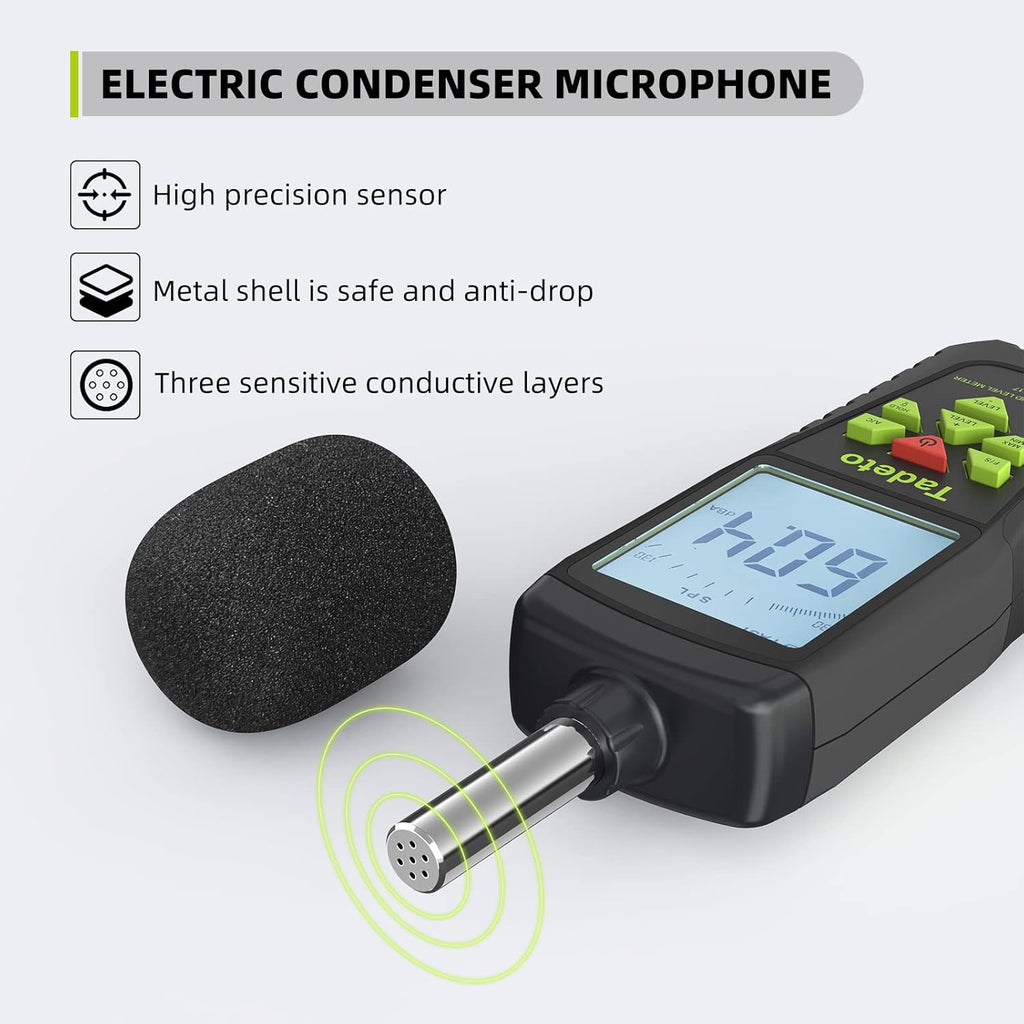 Decibel Meter, Tadeto Digital Sound Level Meter Portable SPL Meter 30dB to 130dB(5 Measurement Range) Backlight LCD Display, MAX/MIN Noise Measurement, Audible and Visual Alarms,Data Hold, A/C Mode