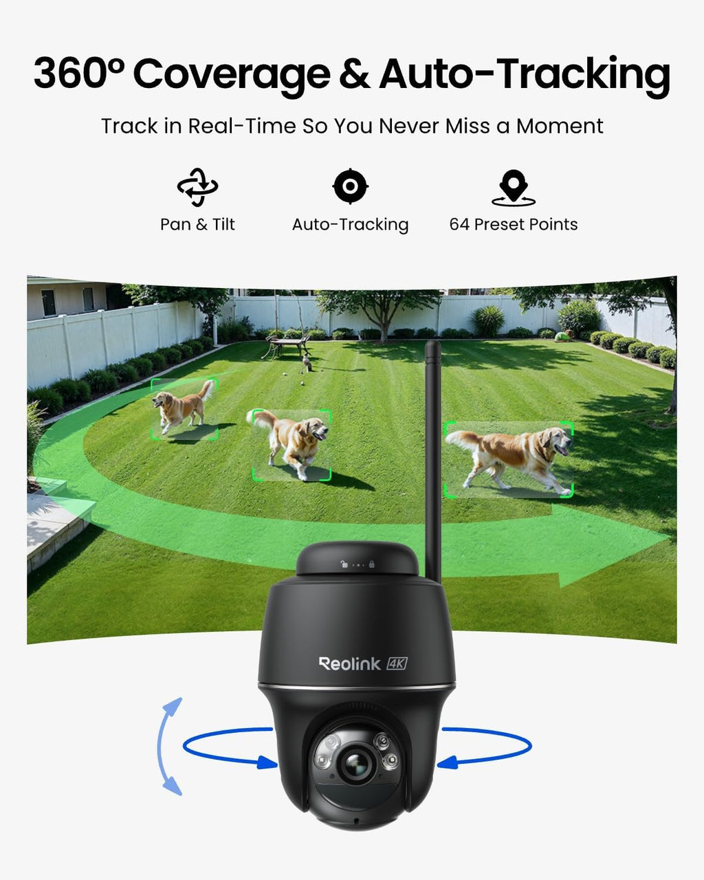 REOLINK 4K Solar Security Cameras Wireless Outdoor, 360° Pan Tilt, 8MP Color Night Vision, 2.4/5 GHz Wi-Fi 6, No Monthly Fee, Home Hub Compatible, Argus PT 4K+ 3W Solar Panel (Black)