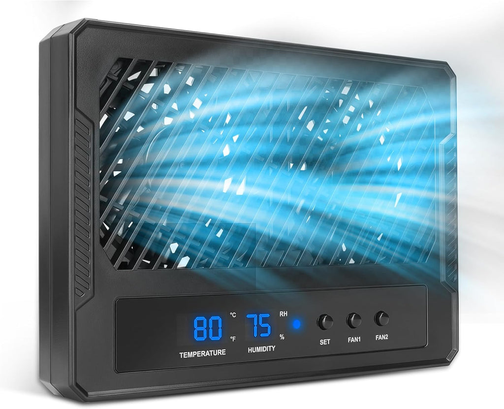 Reptile Intelligent Double Ventilation Fan with Humidity Sensor and High-Temp Alarm, Fan Dehumidifier for Reptile Terrariums, Suitable for overly humid, Rainforest and Ecological Tanks