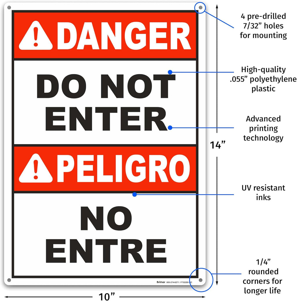 Brimar - 10" x 14" - Bilingual Danger Do Not Enter Sign - .055″ Polyethylene Plastic - Easy Installation - Versatile Application