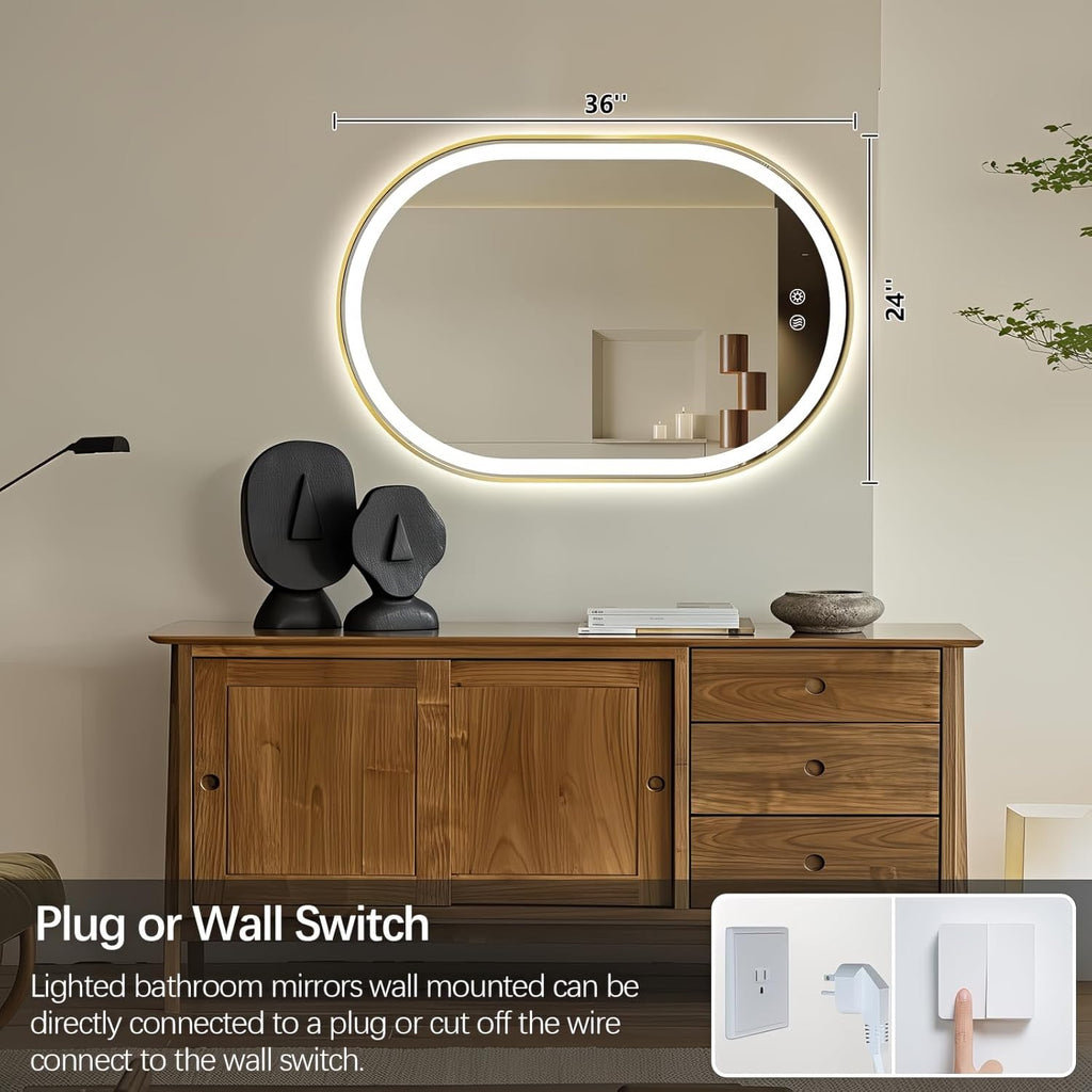 Niccy Oval LED Mirror for Bathroom, 40x24 Front Lit + Backlit Vanity Mirrors with Light Anti-Fog, Shatter-Proof, 3 Colors, Makeup Mirror with Old Gold Frame (Horizontal/Vertical)