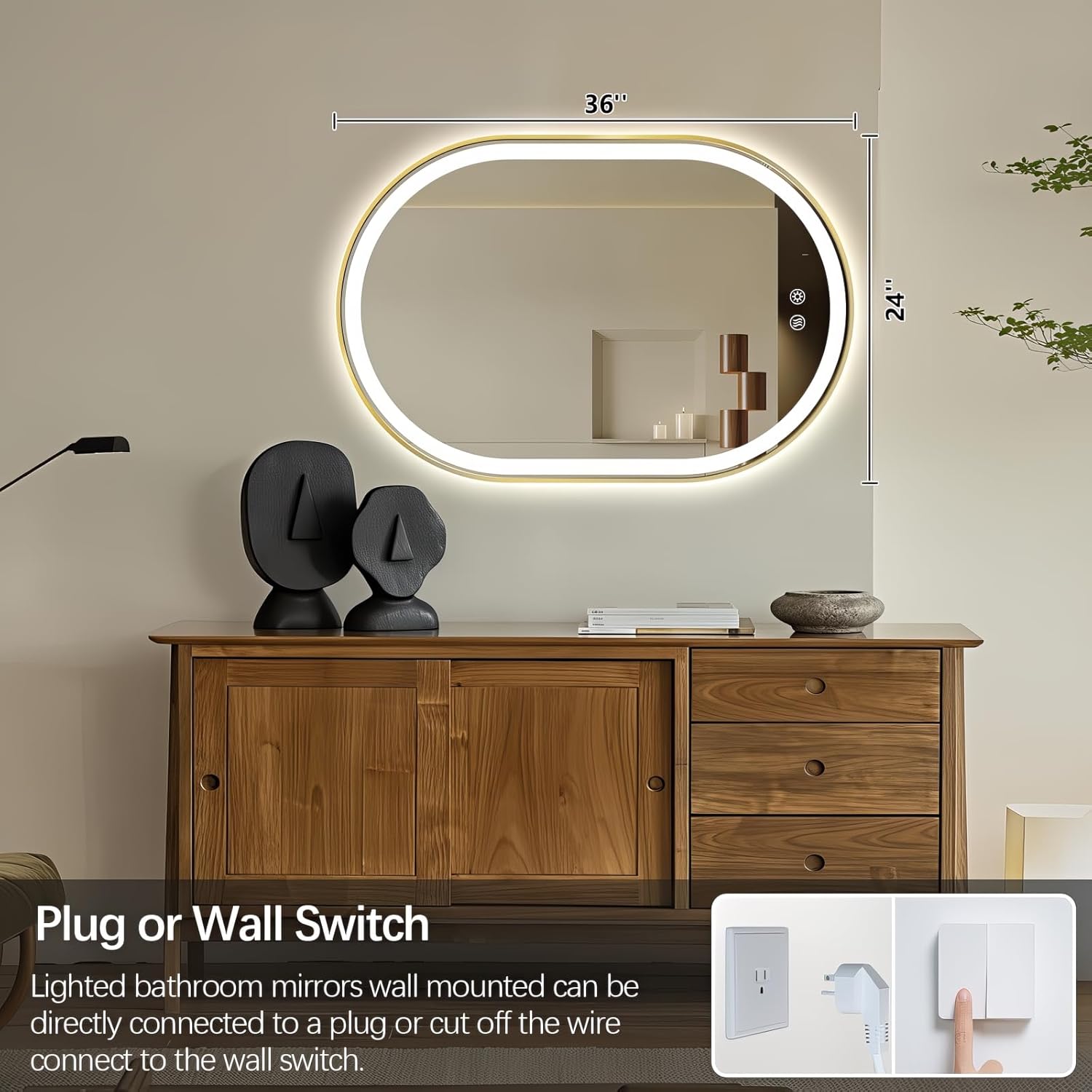 Niccy Oval LED Mirror for Bathroom, 40x24 Front Lit + Backlit Vanity Mirrors with Light Anti-Fog, Shatter-Proof, 3 Colors, Makeup Mirror with Old Gold Frame (Horizontal/Vertical)