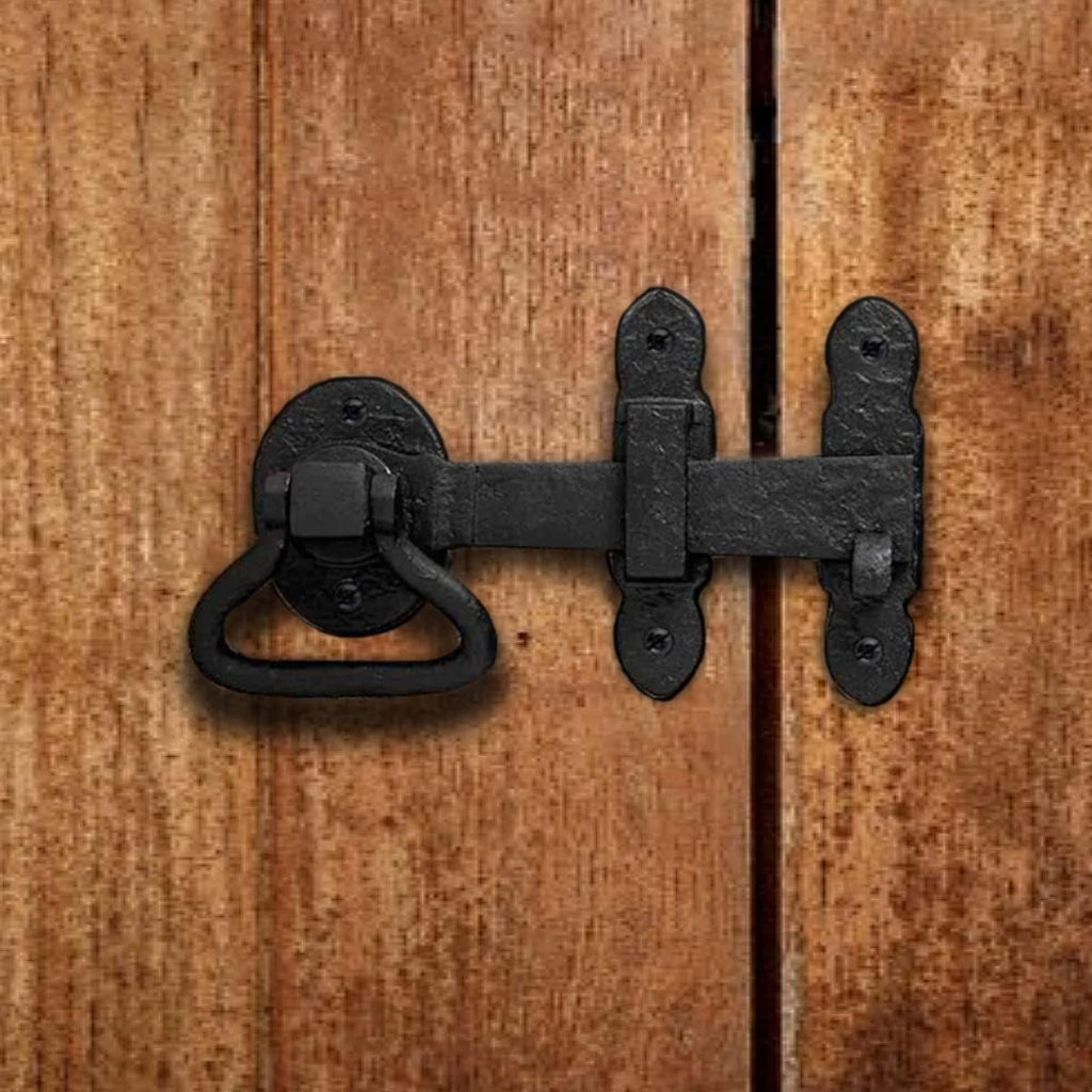 Renovators Supply Manufacturing Door Lock Latch 6.5 in. Black Wrought Iron Gate Latch Garage Barn Door Lock with Mounting Hardware