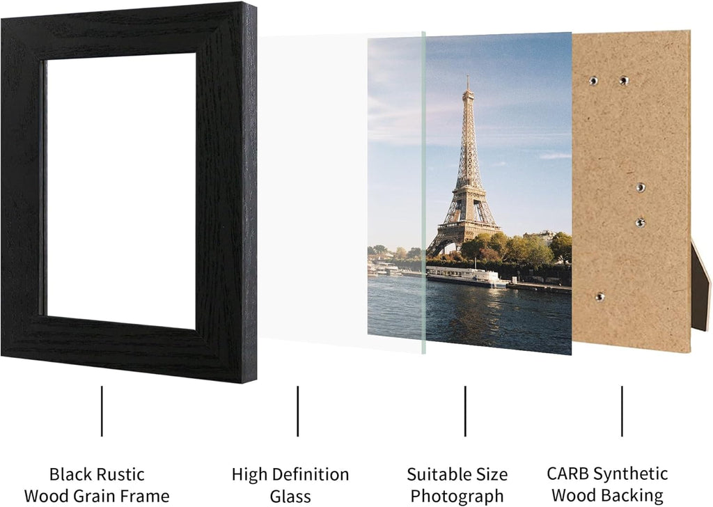 iRahmen 8x10 Picture Frame Set of 4, Black Wooden Frame with High Definition Glass, 8 x 10 Photo Frames for Tabletop Display and Wall Mounting