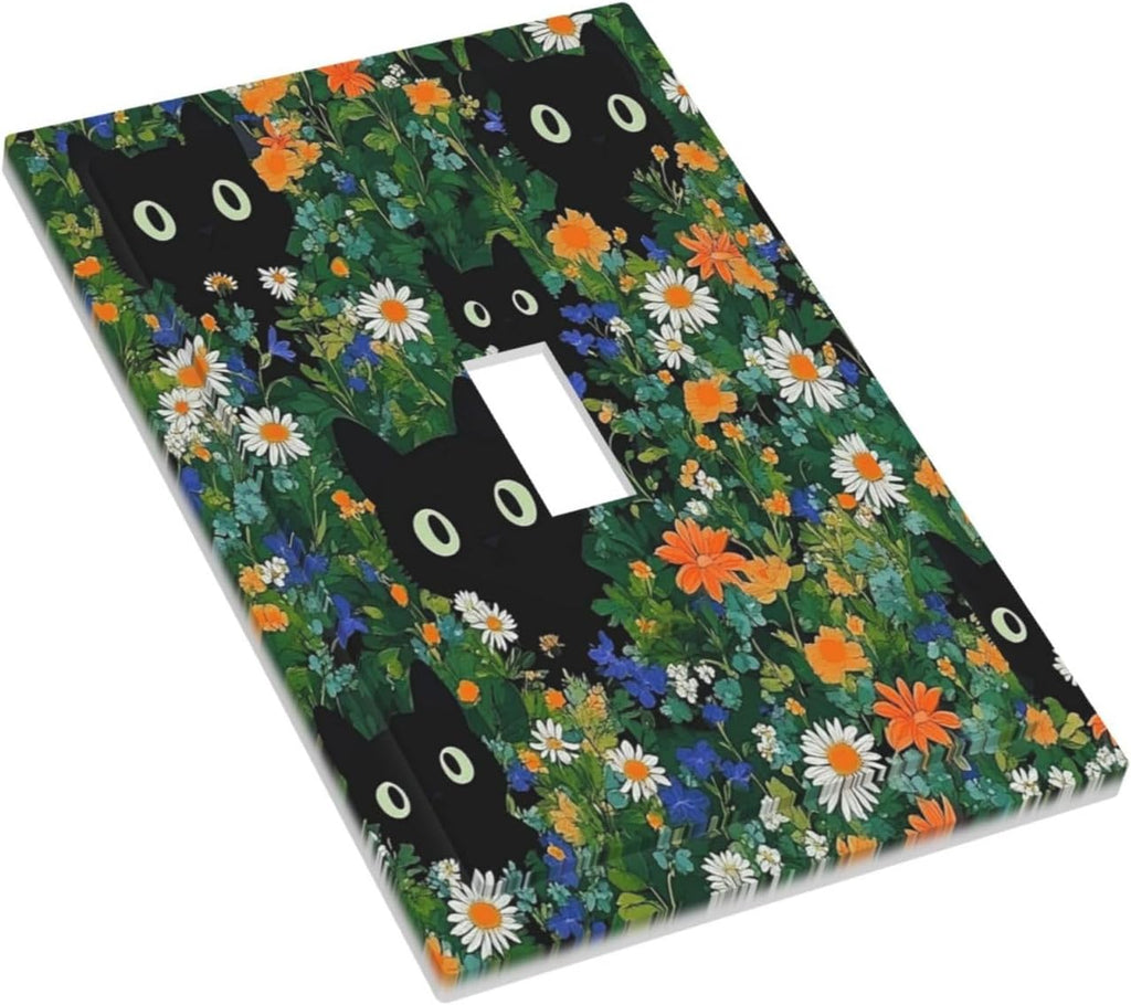 Boho Funny Black Cute Cats Daisy Wildflower Decorative Light Switch Cover 1 Gang Single Toggle Device Electrical Faceplate Switchplates Decorator Outlet Wall Plate For Kids Room Bed Room Decor