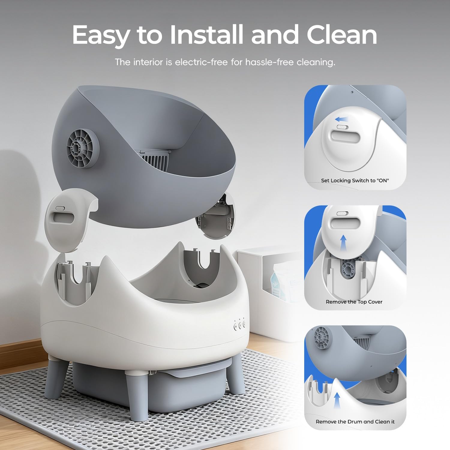 Open-Top Self Cleaning Litter Box, Automatic Cat Litter Box for Multiple Cats, APP Control, Safety Protection, Includes Trash Bags, White/Grey