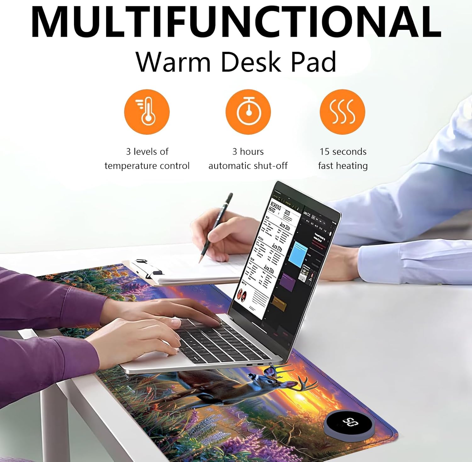 Heated Mouse Pad with 3 Levels Heated & 3 Hours Auto Shut-Off Mouse Pad for Warming Hands in Office Home, 23.6" x 14.2"Large Safe Desk Mat Hand Warmer，Elk Lavender