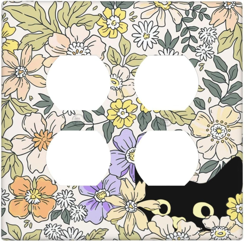 Decorative Outlet Covers Cute Black Cat in a Flower Patch Botanical Garden 2 Gang Wall Plate Double Duplex Receptacle Light Switch Covers Switch Plate Cover for Bedroom Home Decor