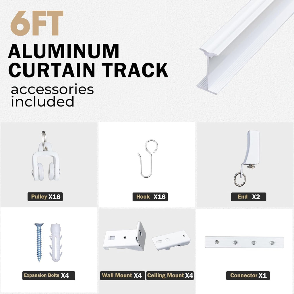 Aluminum Ceiling Curtain Track Set with Hooks Ceiling Mount and Wall Mount Room Divider Sliding Curtain Tracks Rods Flexible Heavy Duty Curtain Rail Hook Sets,White,6FT