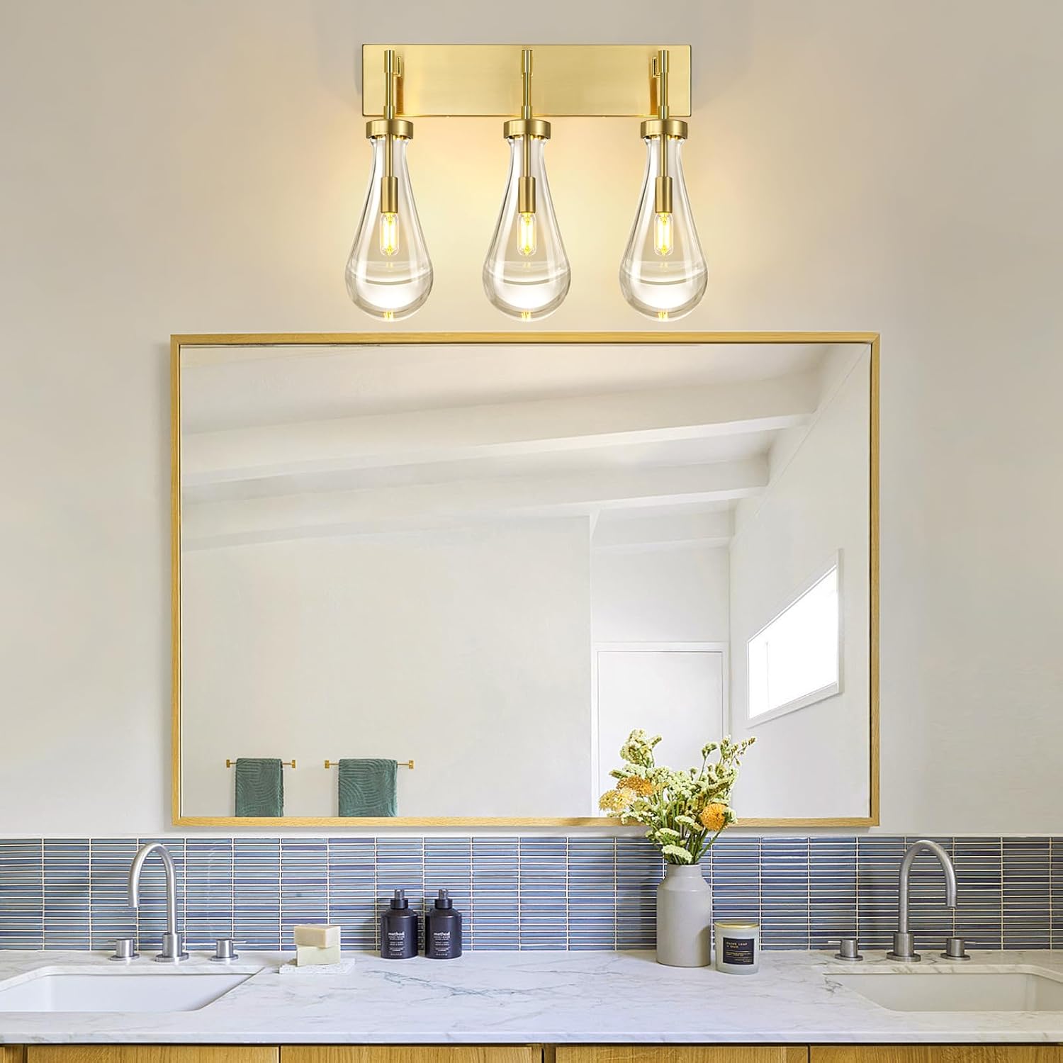 Raindrop Wall Sconces Gold Crystal Sconces Wall Decor Modern Lighting Glass Bathroom Sconces Indoor Vanity Light Wall Lamp for Bedroom Living Room Stair(3-Light)