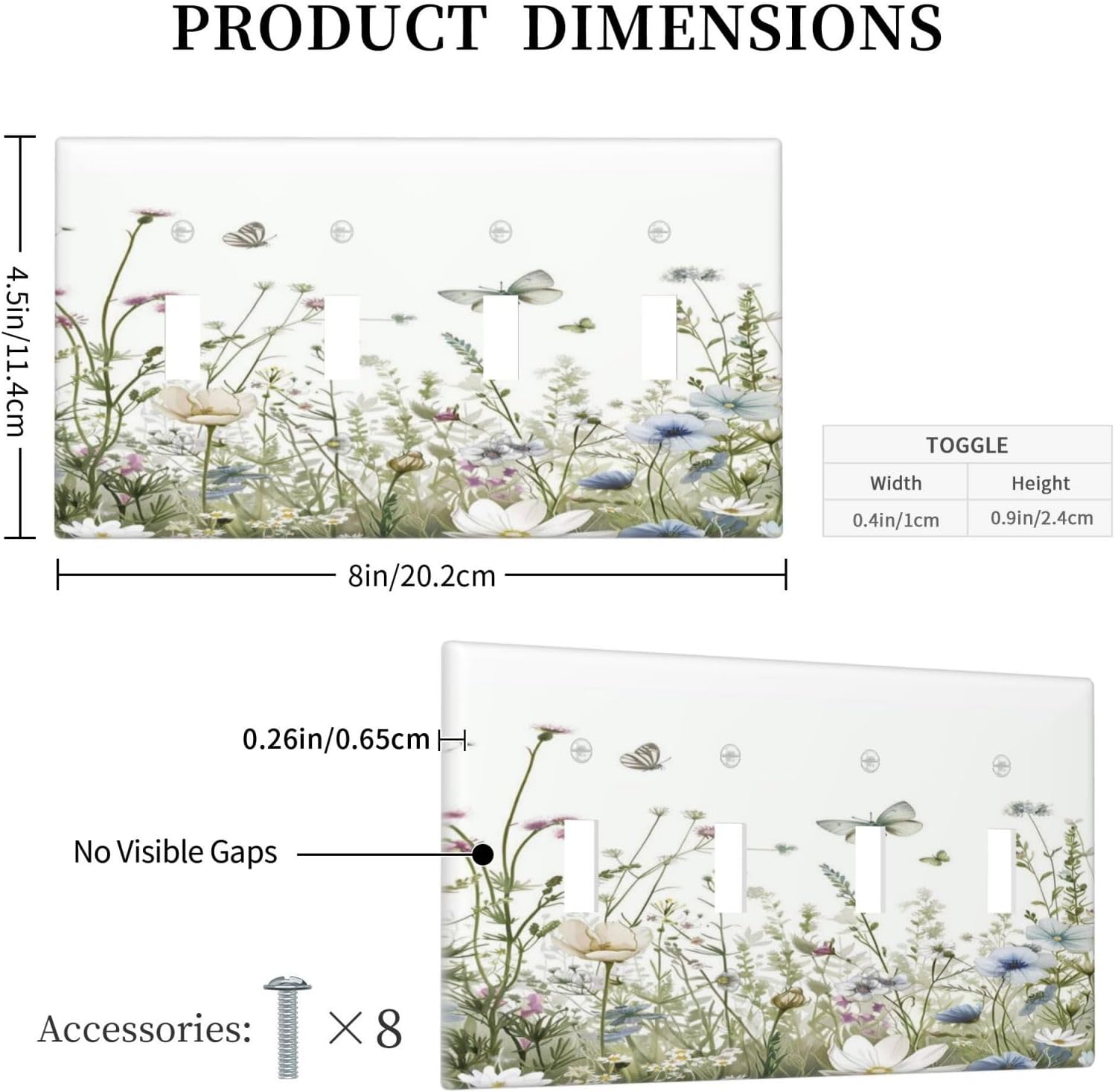 Colorful Wildflowers Daisy Plant Butterfly Floral Light Switch Covers Quad Toggle Electrical Faceplate 4 Gang Wall Plate Decorative Switch Plates for Bed Room Living Room Decor