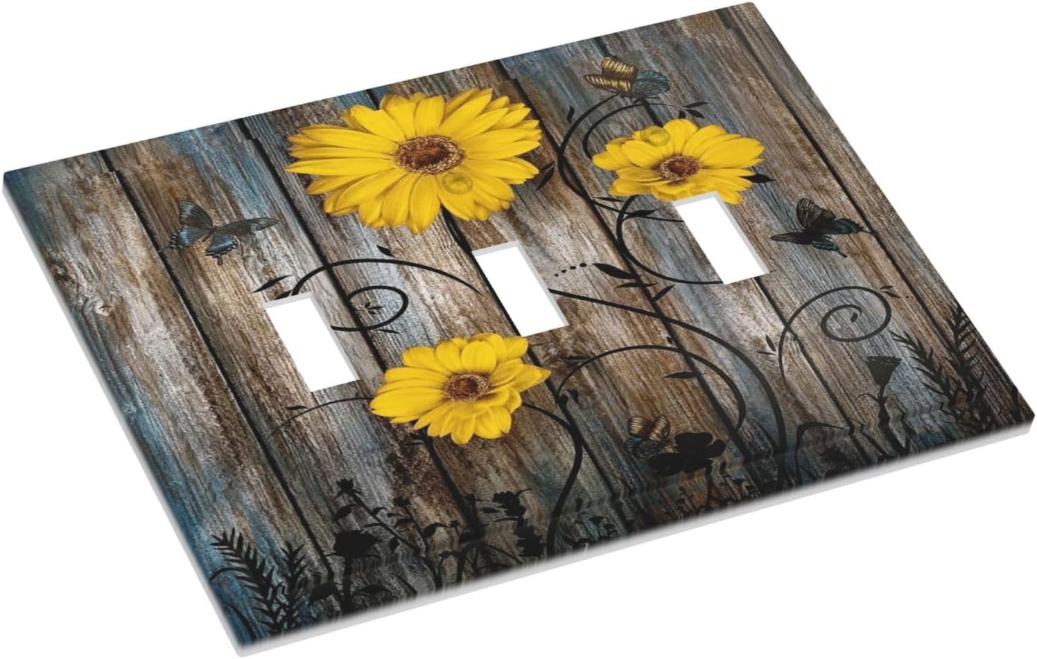 Rustic Barn Sunflower Wooden Daisy Flower Plank Decorative Switch Plates 3 Gang Wall Plate Triple Toggle Light Switch Cover Faceplate Electrical Wall Panels for Farmhouse Home Decor