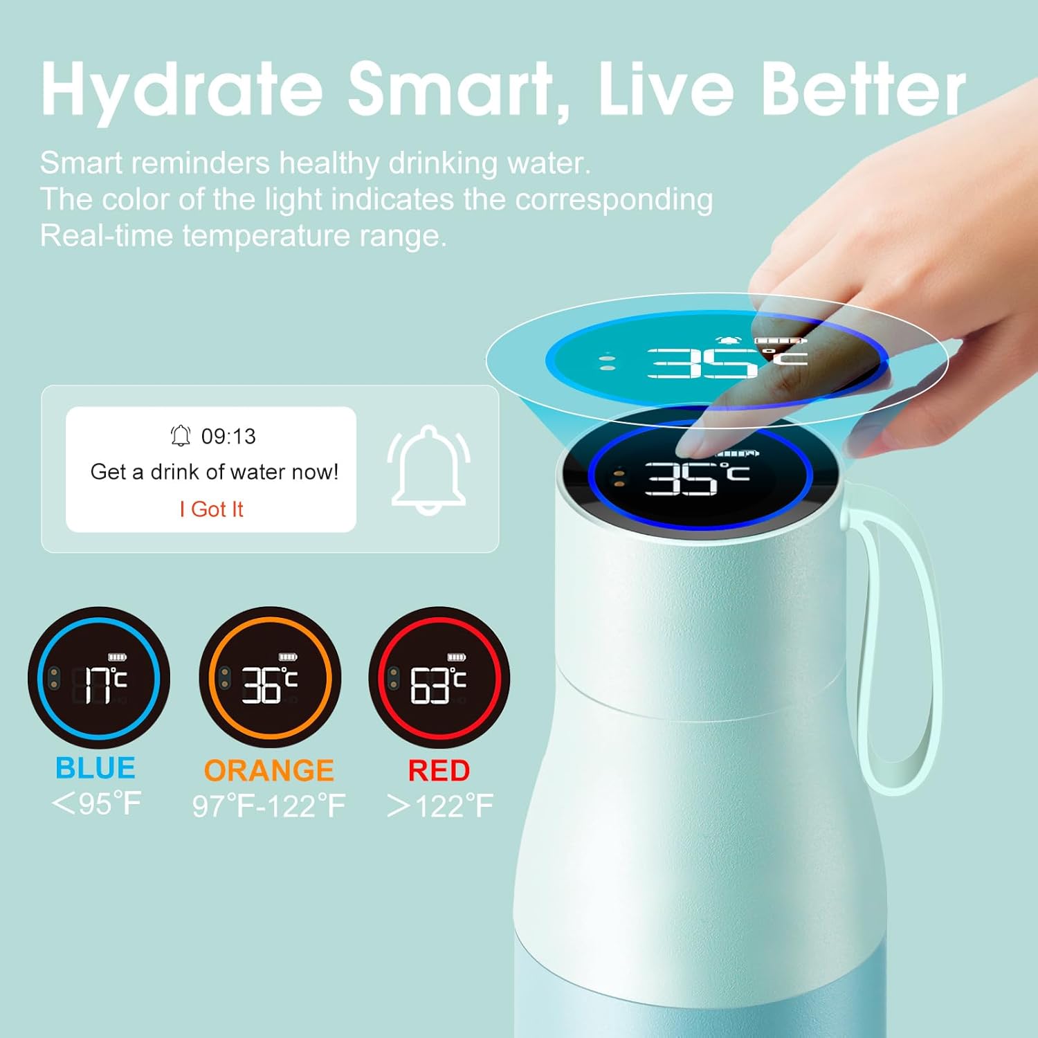 VSITOO 15oz Smart Self Cleaning Water Bottle，Insulated Water Bottle with Stainless Steel, BPA-Free, AI Self-Clean, 30-Day Battery, Magnetic Charging for Travel, Gym or Office, Blue