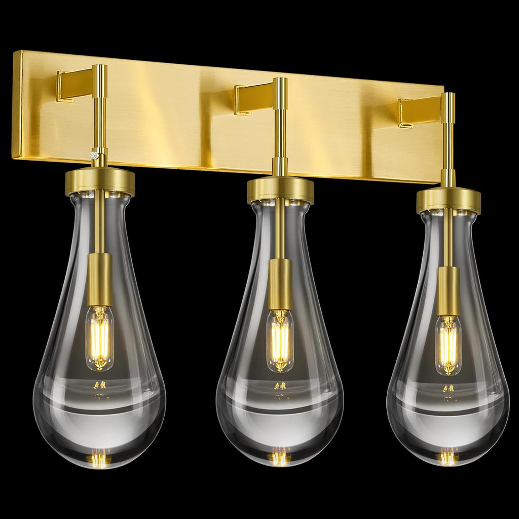 Raindrop Wall Sconces Gold Crystal Sconces Wall Decor Modern Lighting Glass Bathroom Sconces Indoor Vanity Light Wall Lamp for Bedroom Living Room Stair(3-Light)