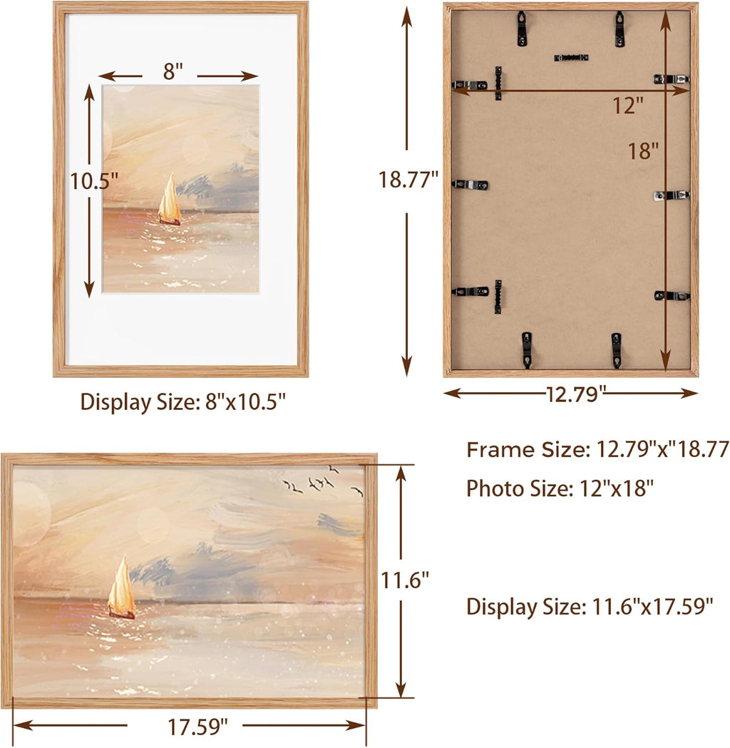 Fun Memories Solid Oak Wood Picture Frame 12"x18" for Wall - Tempered Real Glass, Matted to 8.5x11, Poster Frame (Natural Oak Color, 1 Pack)