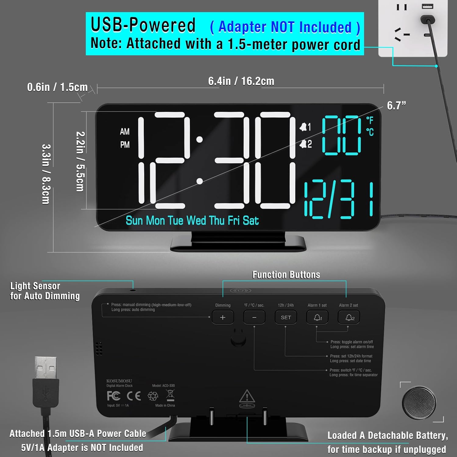 KOSUMOSU Digital Clock for Bedroom 6.7in Small Digital Alarm Clock Black, Dimming,12/24h,Date,Day of Week, Indoor Temperature,Desk Clocks for Classroom, LED Clocks for Living Room, Digital Calendar