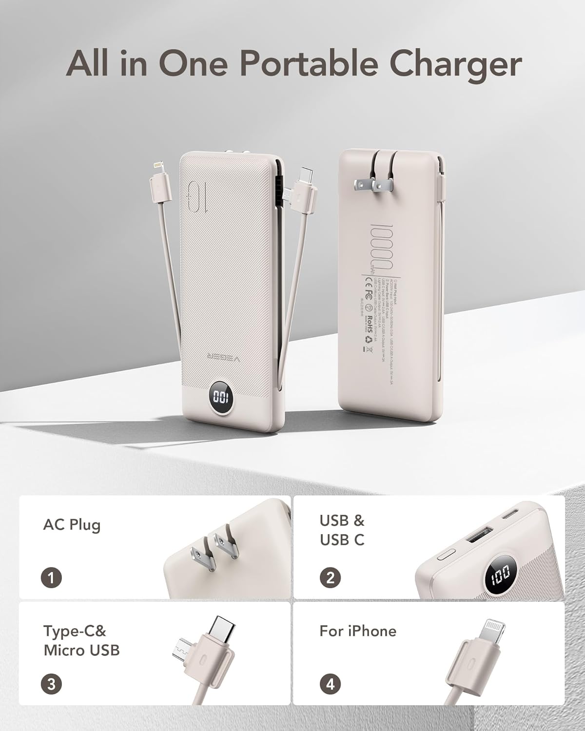VEGER Portable Charger with Built-in AC Plug and Cables, All in One 10000mAh Ultra Slim Power Bank Travel Essentials, 15W Fast Charging Battery Pack Compatible with iPhone, Samsung, Android (Coffee)