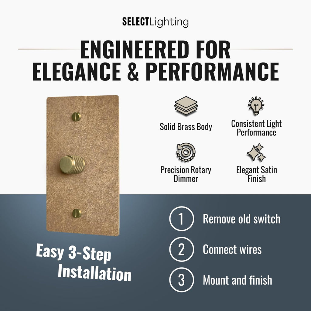 SELECT Vintage Brass Dimmer Light Switch, 1 Way Rotary Dimmer, 1 Gang TRIAC/Leading Edge Dimmable LED Light Switch, 15A 120V AC with Brass Knob, Faceplate & Dimming Module, UL Listed