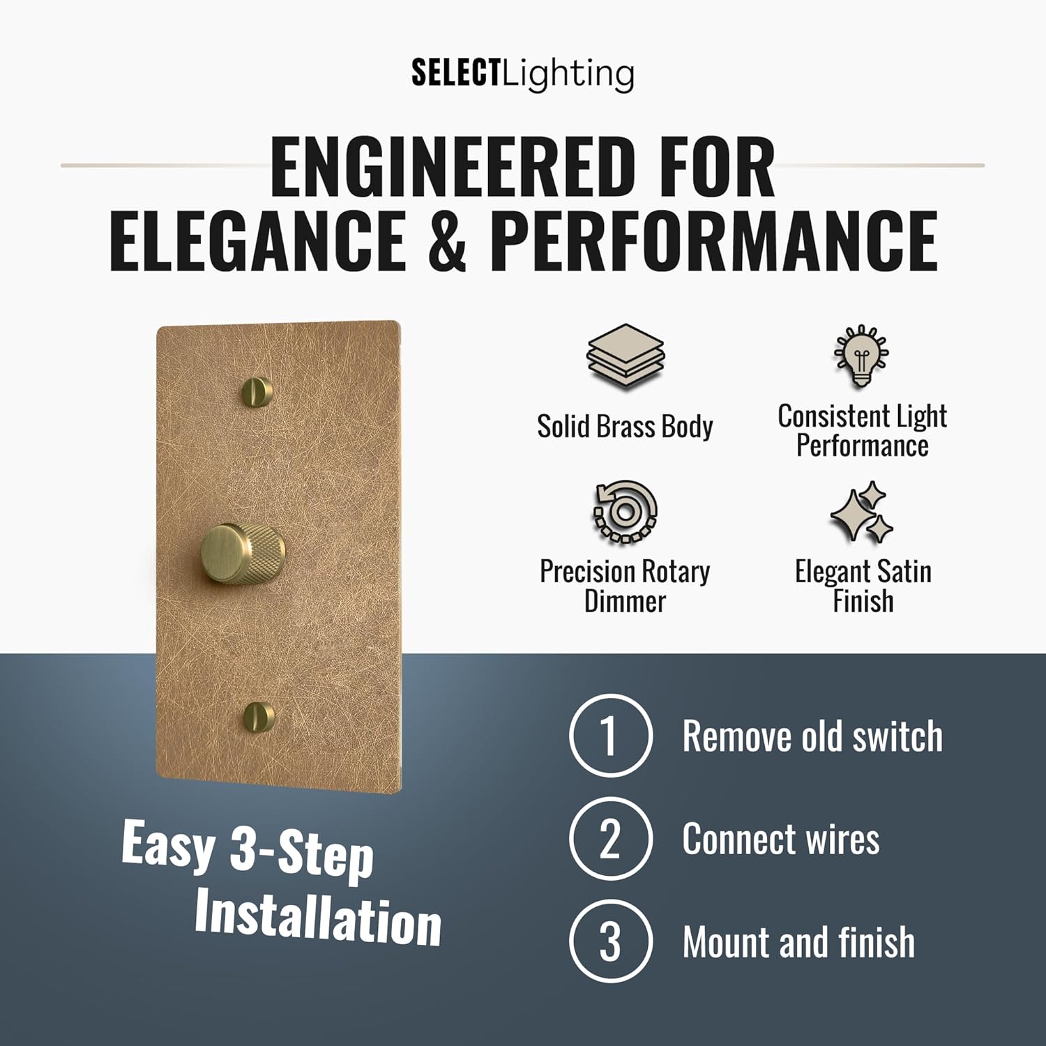 SELECT Vintage Brass Dimmer Light Switch, 1 Way Rotary Dimmer, 1 Gang TRIAC/Leading Edge Dimmable LED Light Switch, 15A 120V AC with Brass Knob, Faceplate & Dimming Module, UL Listed