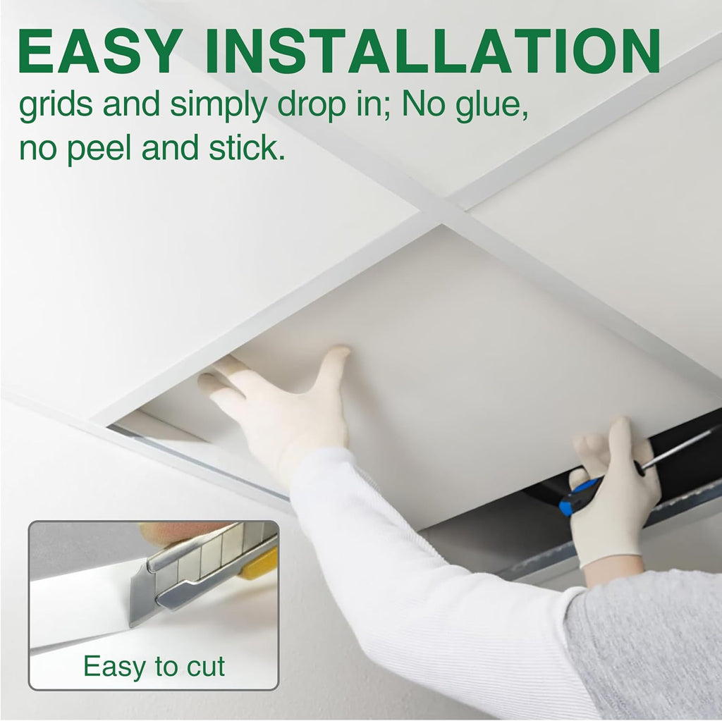 NEWPEAS Smooth Drop Ceiling Tiles 2ft x 2ft - Premium PVC to Prevent Breakage - Waterproof, Fire-Rated, Easy Drop-in Installation - Ceiling Tiles 24" x 24", White, 12-Pack Cover 48 Sq. Ft