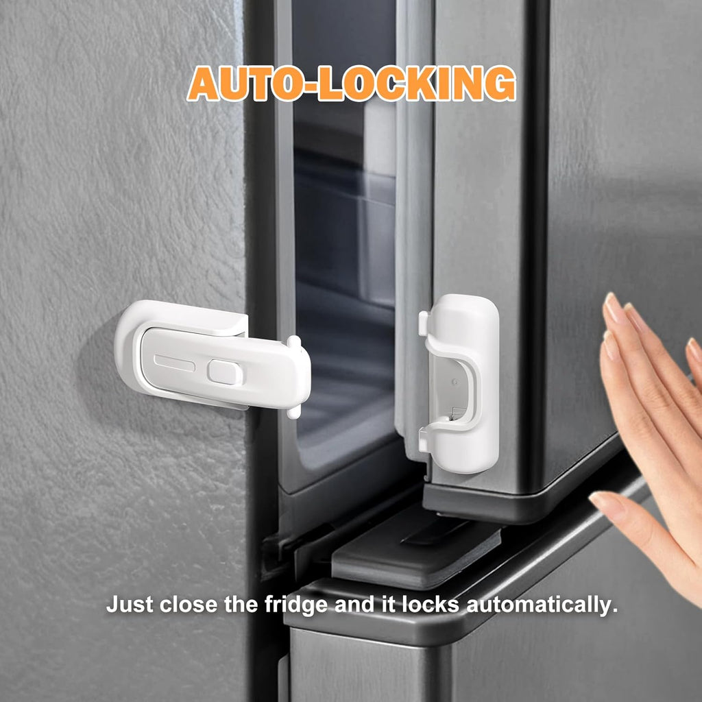 CLYMENE Child Proof Fridge Lock, Auto-Locking Refrigerator Door Latch with One-Hand Operation | No Keys or Straps | Keeps Freezer Secure from Kids & Pets – White