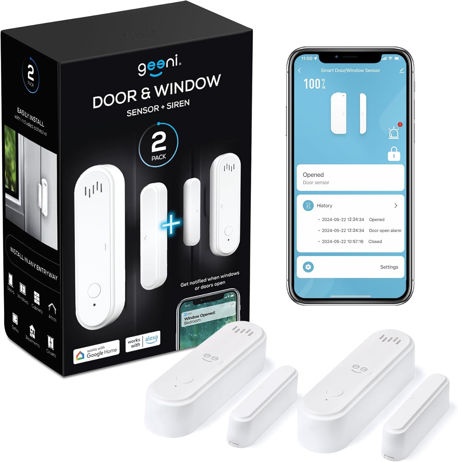 Geeni Smart Door and Window Sensor Alarm 2 Pack WiFi Battery Powered Security Sensor with Siren, Instant Alerts, Alexa & Google Assistant Compatible for Home, Office, Garage