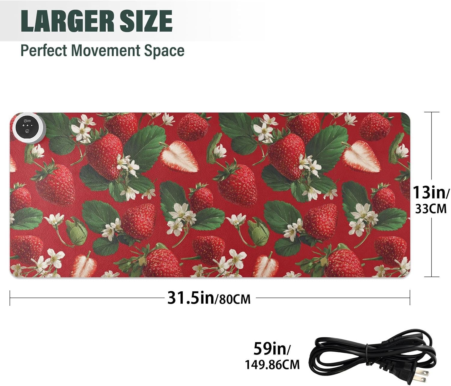 Heated Desk Pad Mouse Pad 31.5x13 Inch PU Leather Desk Mat with 3 Heat Levels Large Mouse Gaming Computer Laptop Mat Red Strawberries Flowers