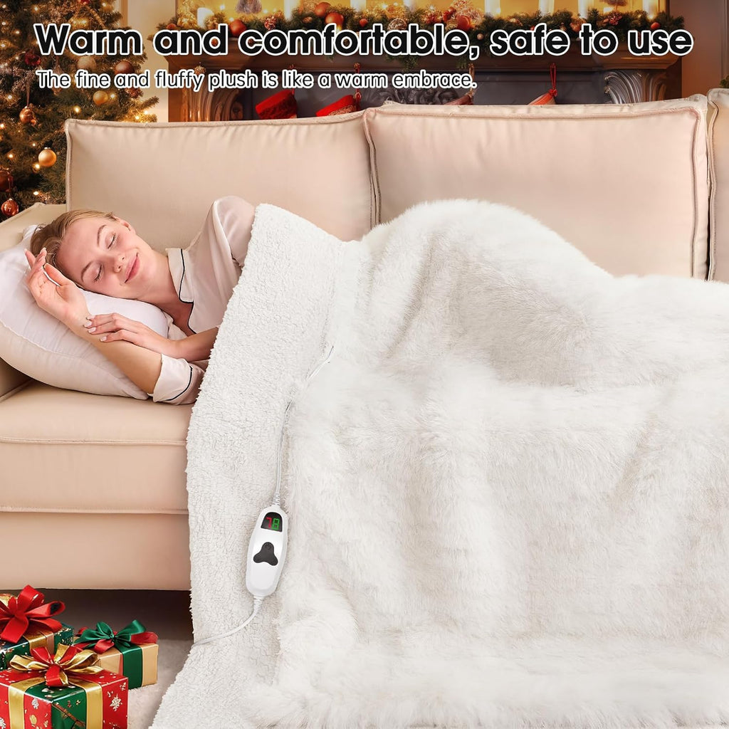 Heated Electric Blanket Throw–Faux Fur with Soft Thick Sherpa,Warm Winter Birthday Gifts for Women Grandma,10 Heat Settings,5 Time Settings with Fast Heating, 50x60, Snow Cloud