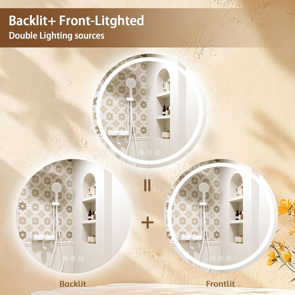 Round LED Bathroom Mirror with Lights, Backlit & Front Lighted, Wall-Mounted Vanity Mirror 3000K/4000K/6000K, Memory Functions, Anti-Fog, Dimmable Smart Mirror (Round 28" x 28")