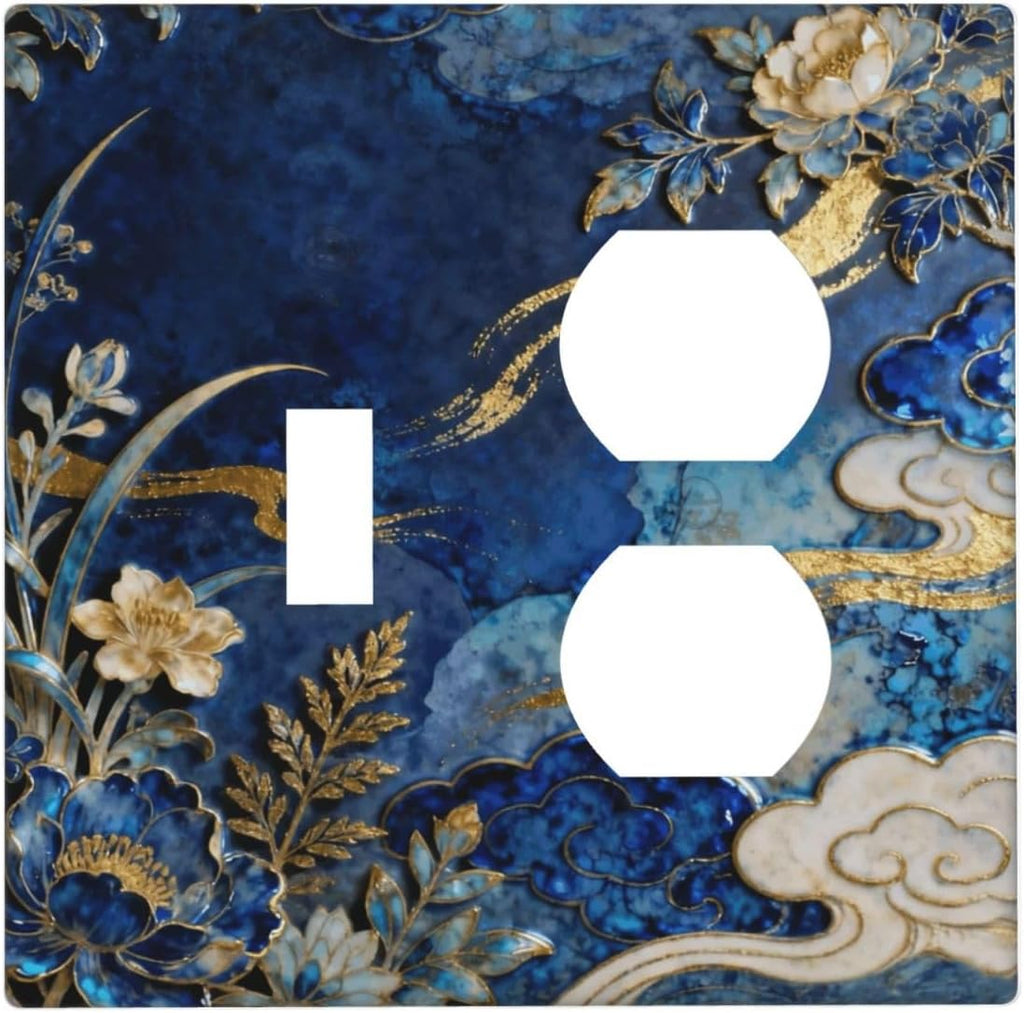 Decorative Outlet Covers Blue White Flower Gold Line Cloud 2 Gang Light Switch Cover Plate Single Toggle Duplex Wall Plates for Electrical Outlets Switch Plate Covers for Home Decor
