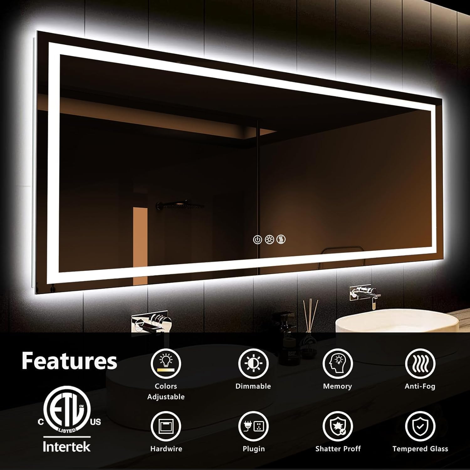 ROOMTEC 88 x 38 Inches LED Bathroom Mirror with Front and Backlit,Anti-Fog,3 Colors and Dimmable Light(Horizontal/Vertical), Silver