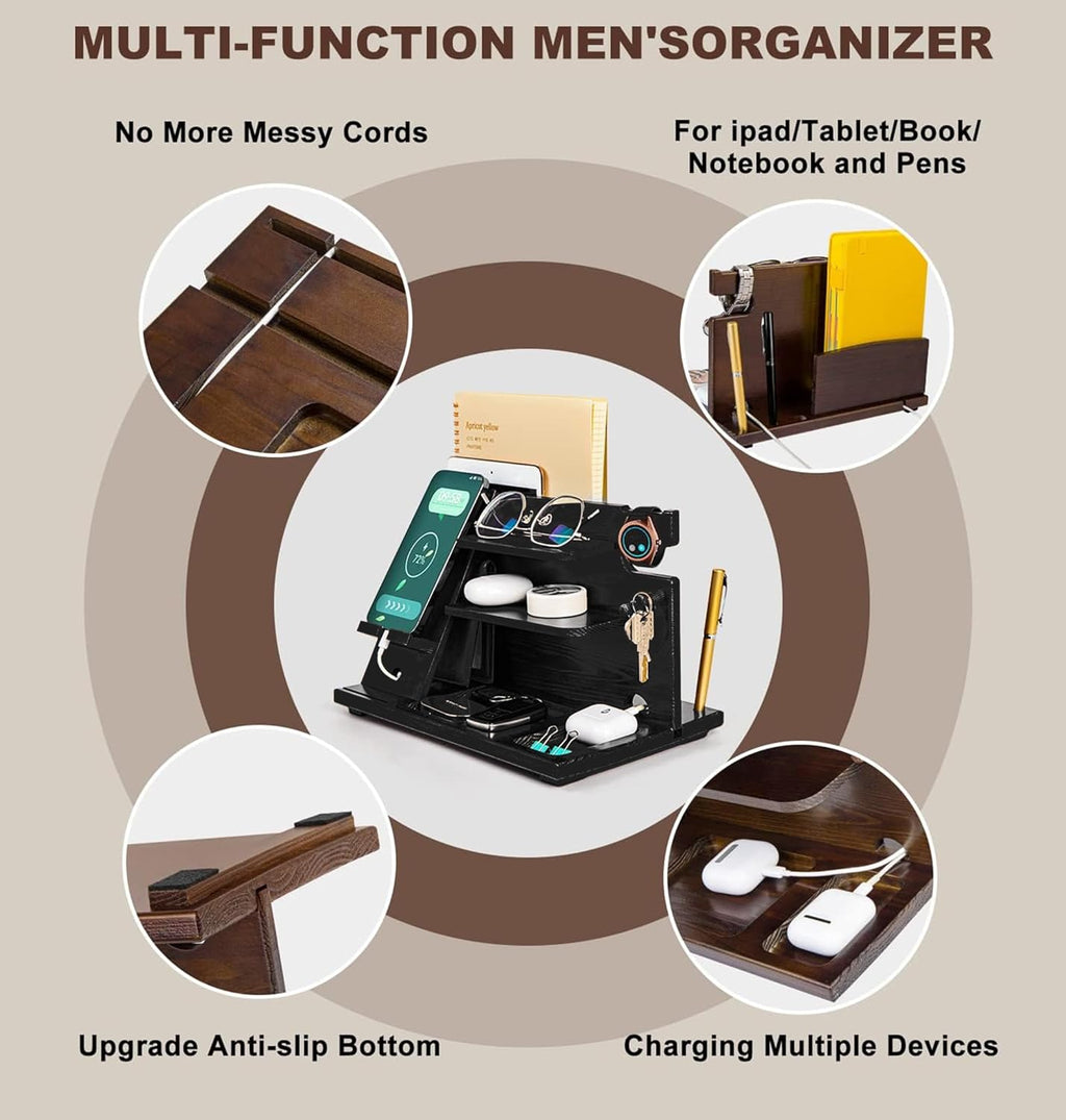 KOCWELL Wood Phone Docking Station, Gifts for Men, Nightstand Organizer Wood for Phone Tablet Earphones Watch Wallet Rings Pens Keys Notebook etc, Birthday Gifts for Men Husband Dad Boyfriend
