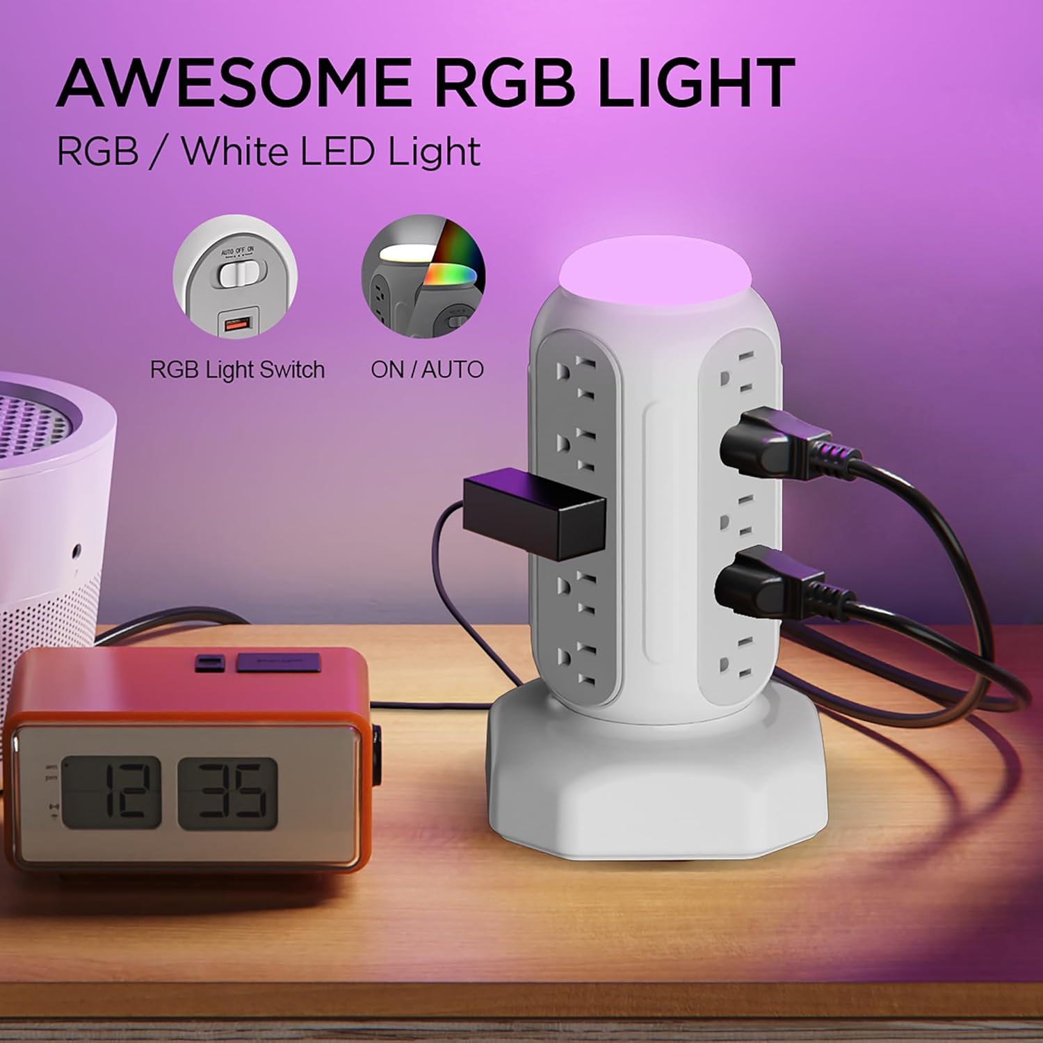 Power Strip Surge Protector Tower, 15 AC Outlets and 6 USB Ports with LED Light, Retractable Heavy Duty Extension Cord with Multiple Outlets, USB Charging Station with Right Flat Plug (White)