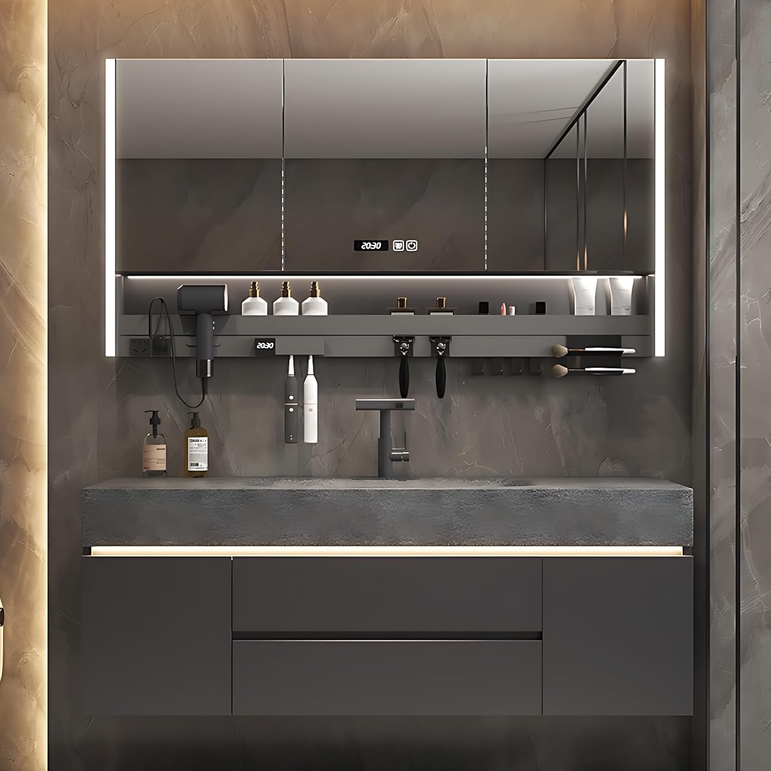 Modern Bathroom Vanity – Cabinet Set with LED Smart Defogging Mirror & Time Display | Bathroom Vanity with Sink, Large Space Storage with Easy Installation, 2 Drawers (Gray, 72IN)